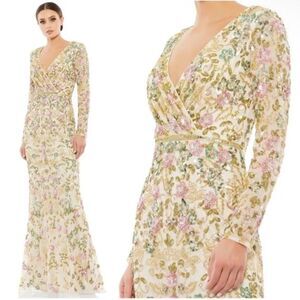 Mac Duggal 5503 Size 4 Floral Wrap Top Sequins Embellished Gown, Nude Multi